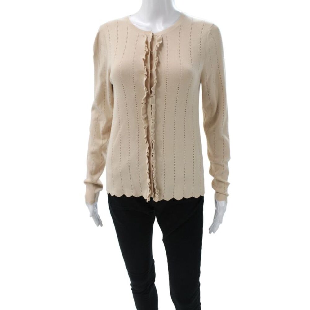 Rebecca Taylor Women Cardigan Beige Striped Long Sleeve Size L